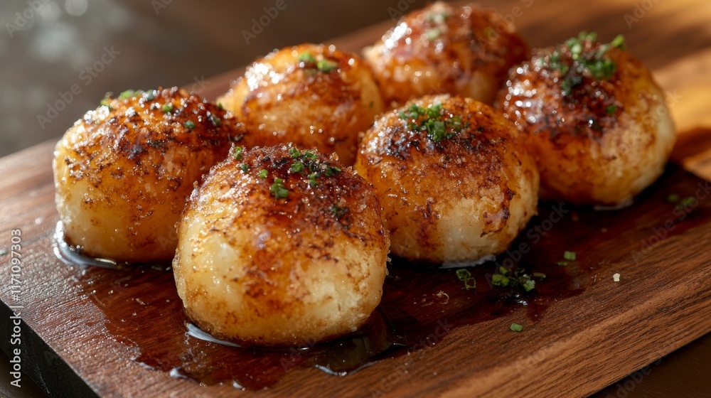 A close-up of a takoyaki ball with a crispy golden-brown crust, served on a wooden board, showcasing its deliciousness and inviting presentation. A close-up of a takoyaki ball with a crispy golden-brown crust, served on a wooden board, showcasing its deliciousness and inviting presentation.