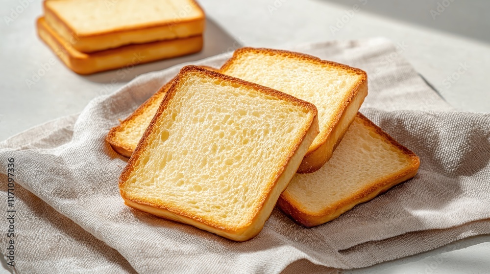 Freshly Toasted Slices of Bread on a Soft Beige Napkin in Bright Natural Light Freshly Toasted Slices of Bread on a Soft Beige Napkin in Bright Natural Light