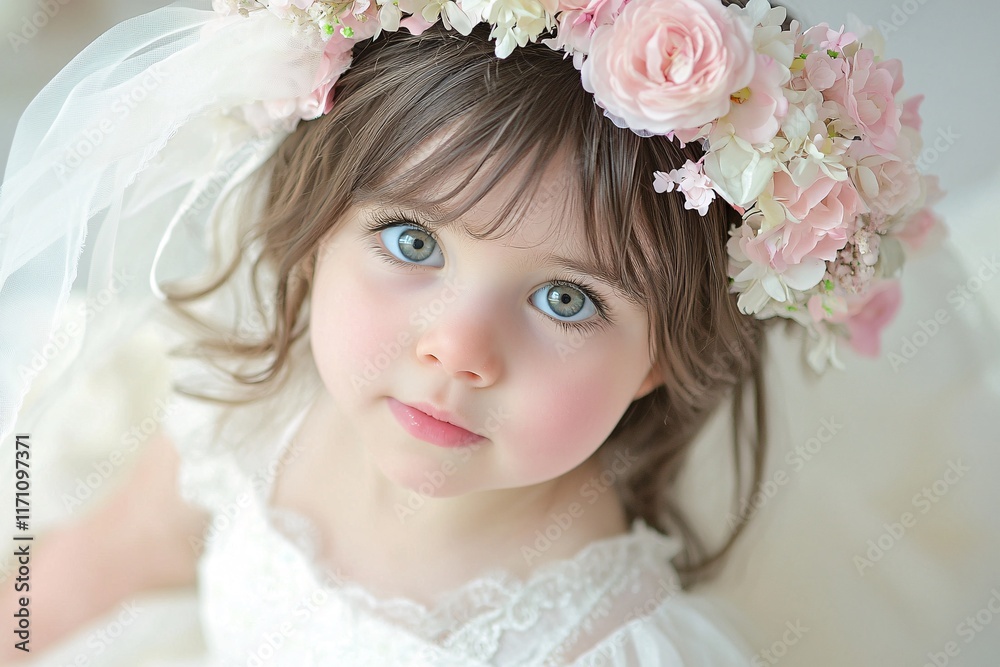 Naklejka premium Adorable Baby Girl with Flower Crown Pretty Child Innocence Sweet Beautiful