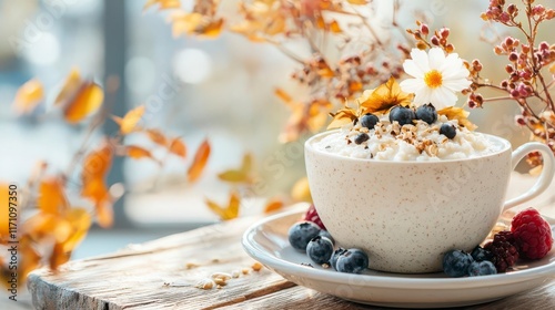 Warm Oatmeal, Autumn Berries, and Flowers: A Cozy Breakfast