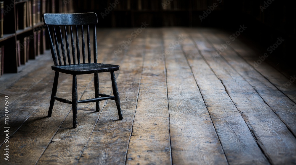 Black wooden chair on rustic wooden floor in atmospheric library setting with soft lighting Black wooden chair on rustic wooden floor in atmospheric library setting with soft lighting
