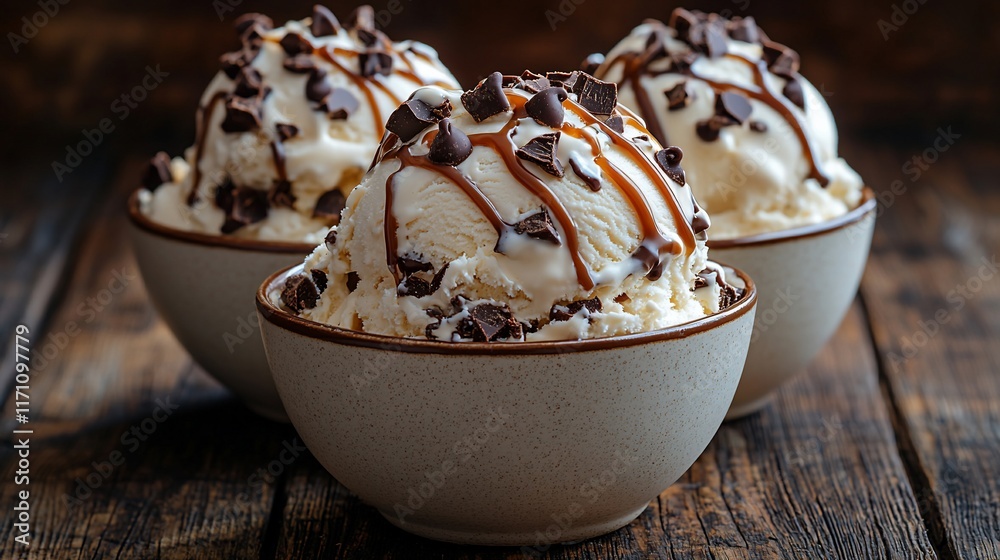 Three bowls of vanilla ice cream with chocolate chips and caramel. Three bowls of vanilla ice cream with chocolate chips and caramel.