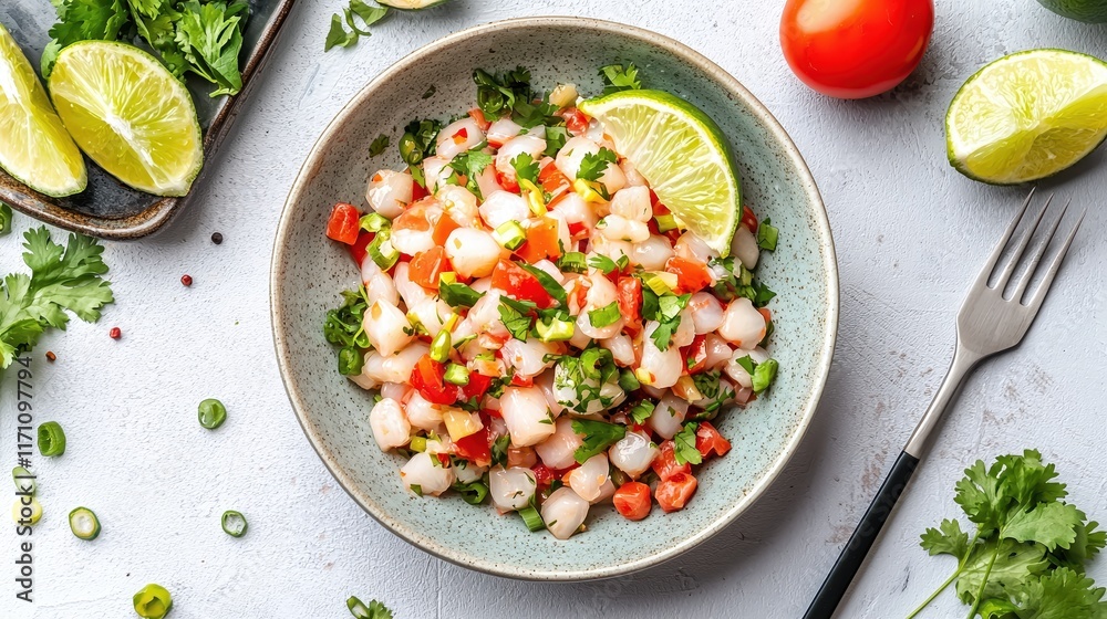 Fresh and Colorful Seafood Ceviche with Lime, Tomato, and Cilantro in a Bowl Fresh and Colorful Seafood Ceviche with Lime, Tomato, and Cilantro in a Bowl