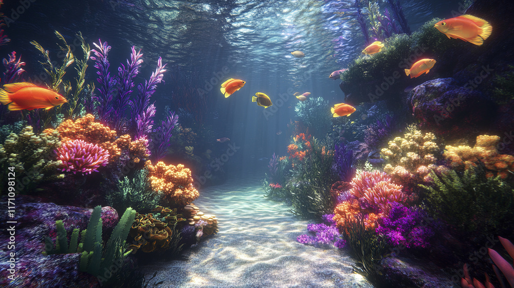 Naklejka premium vibrant underwater scene with colorful coral and tropical fish swimming gracefully