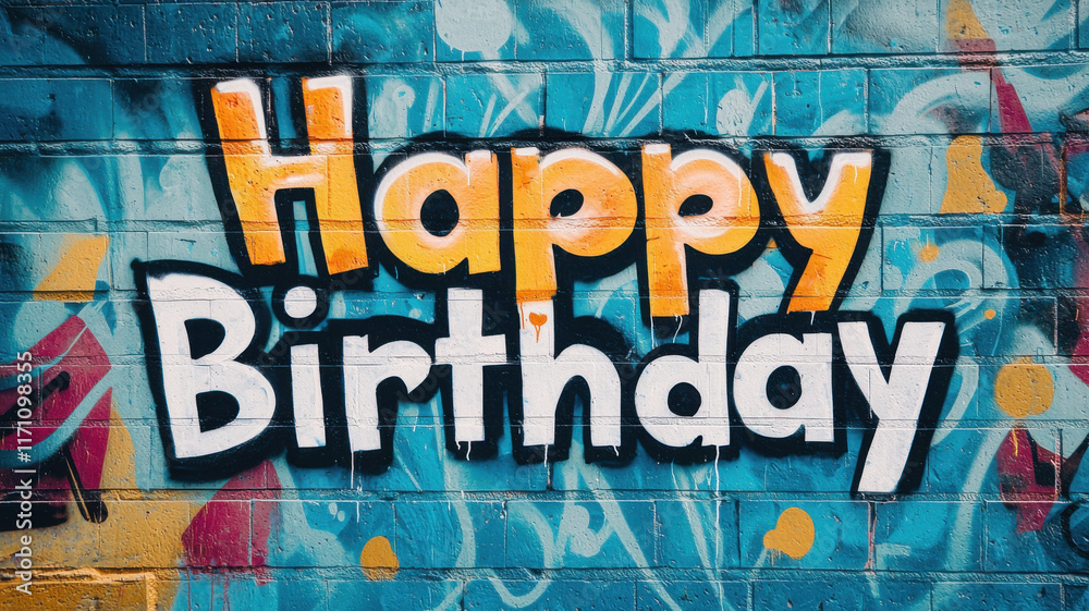 Happy birthday graffiti concept, Colorful street art featuring Happy Birthday text on wall Happy birthday graffiti concept, Colorful street art featuring Happy Birthday text on wall