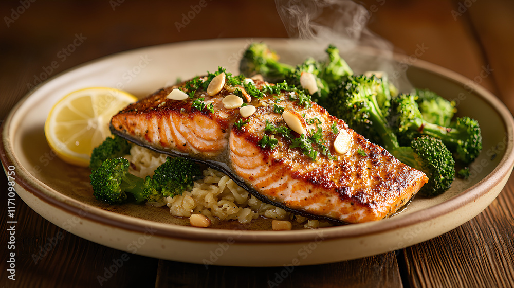 Roasted Salmon Fillet with Sautéed Broccoli and Garlic on Rustic Plate
Roasted Salmon Fillet with Sautéed Broccoli and Garlic on Rustic Plate