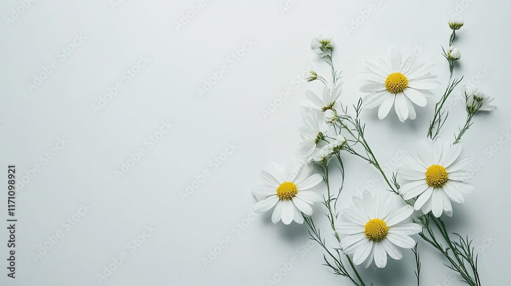 Obraz premium Daisies arranged on white background, floral design, nature, flat lay.