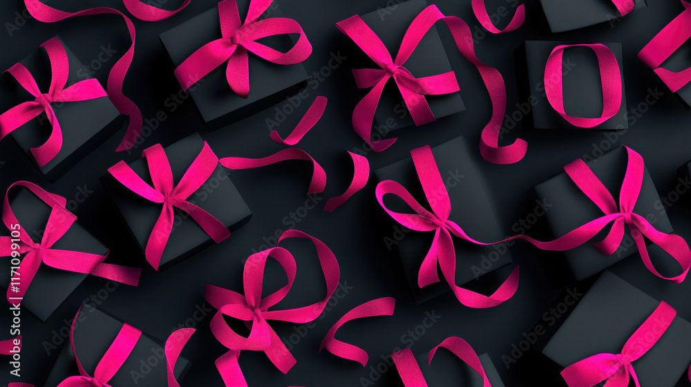 Fototapeta premium Dark-colored gift boxes with hot pink ribbons.