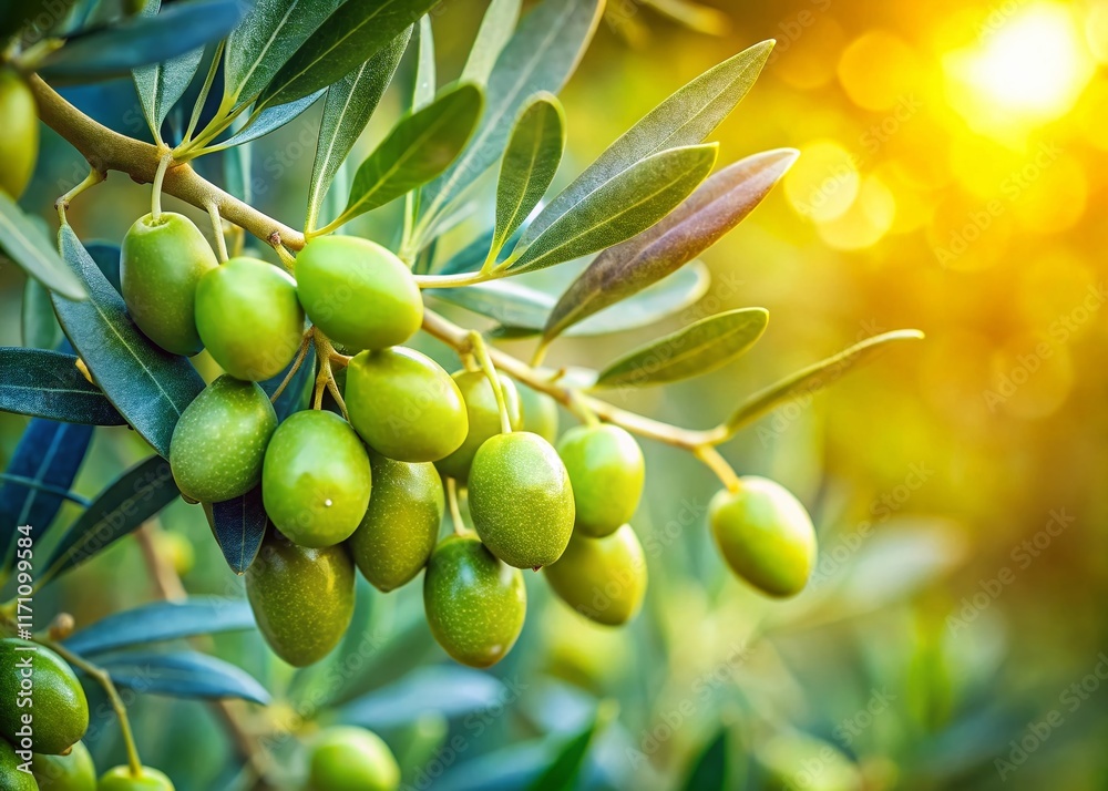 Ripe Green Olives on Branch with Lush Leaves - Copy Space Left
