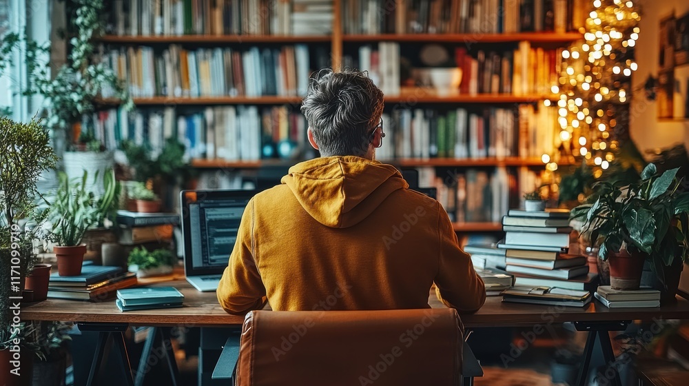 Man Working at a Modern Home Office Desk Surrounded by Books Cozy Environment Inspirational Viewpoint Man Working at a Modern Home Office Desk Surrounded by Books Cozy Environment Inspirational Viewpoint