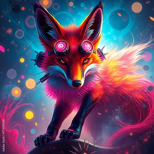 Vibrant and stylish fox character wearing goggles in a colorful and dynamic background photo