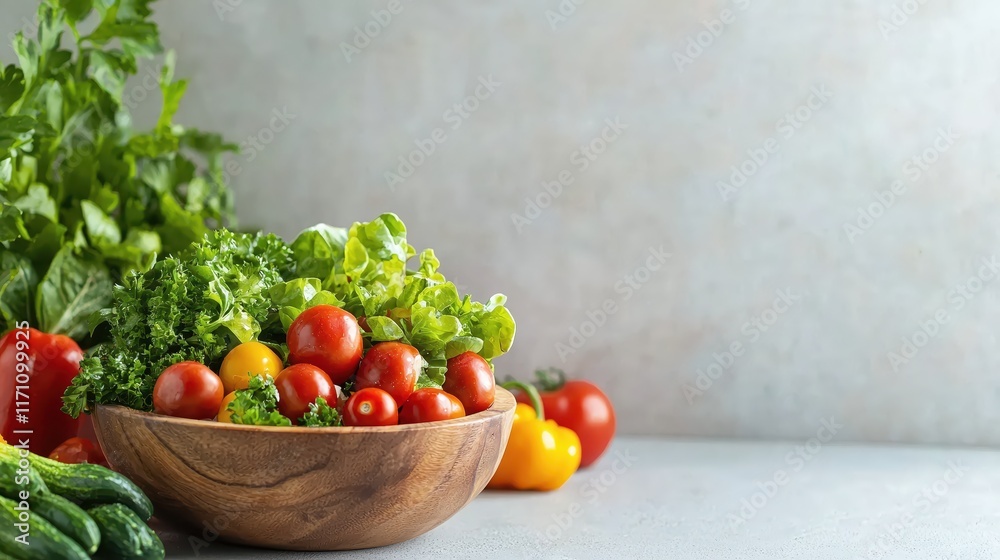 Fresh Organic Vegetables in Bowl on Gray Background with Vibrant Colors and Natural Light Fresh Organic Vegetables in Bowl on Gray Background with Vibrant Colors and Natural Light