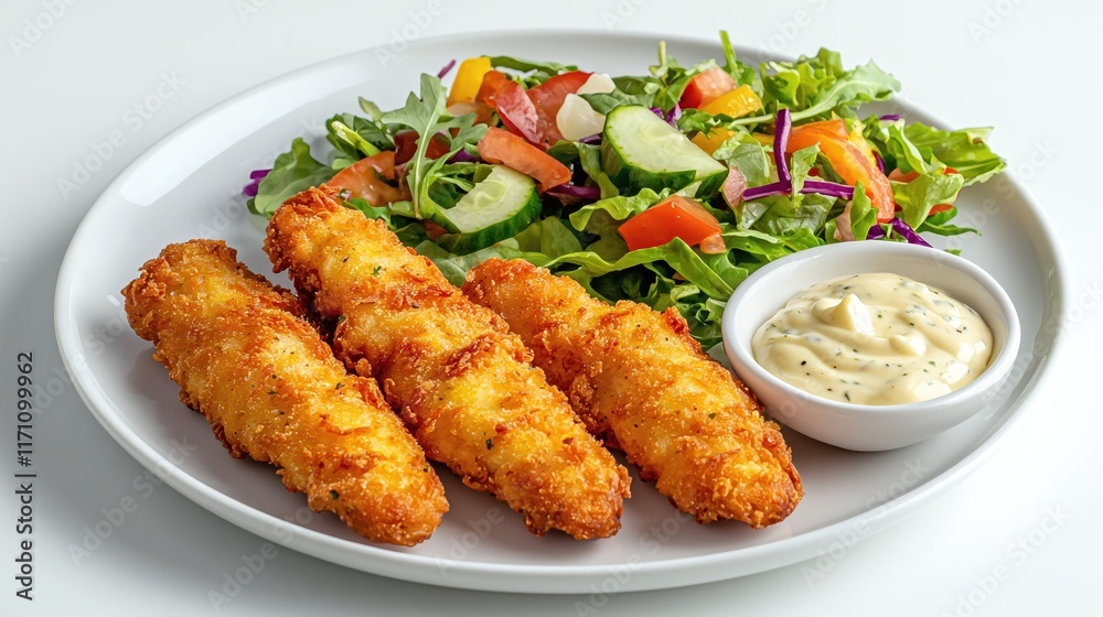 Crispy Fried Fish Fillets on Plate with Fresh Salad and Creamy Dipping Sauce Crispy Fried Fish Fillets on Plate with Fresh Salad and Creamy Dipping Sauce