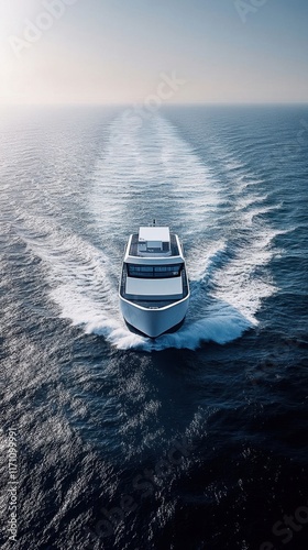 An autonomous cargo ship navigating the ocean.