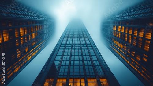 Wallpaper Mural Low angle view of three skyscrapers shrouded in fog at night. Torontodigital.ca