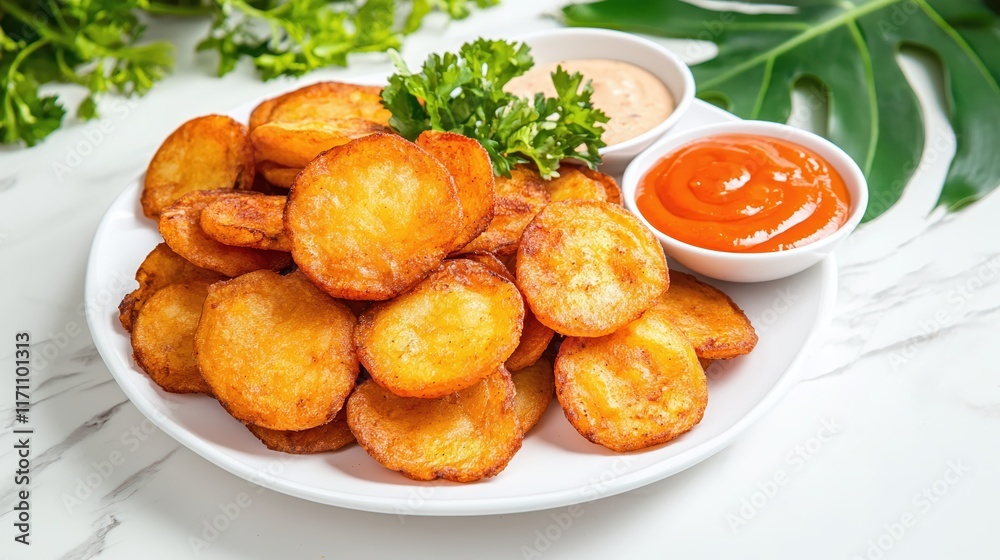 Freshly Fried Potato Slices with Dipping Sauces on Marble Table Freshly Fried Potato Slices with Dipping Sauces on Marble Table
