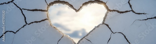 Shattered heartshaped window, a serene sky view through broken glass