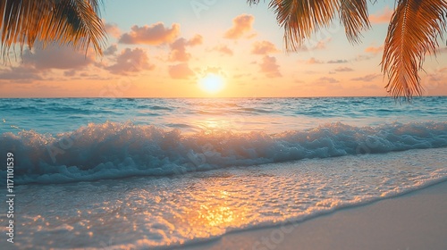 Tropical sunset beach scene with palm leaves and waves.