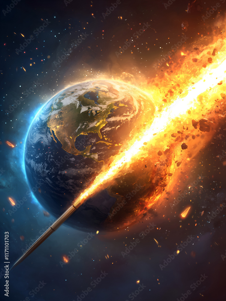 Obraz premium A fiery meteor collides with Earth, creating an explosive scene that showcases cosmic destruction and the planet's vulnerability.