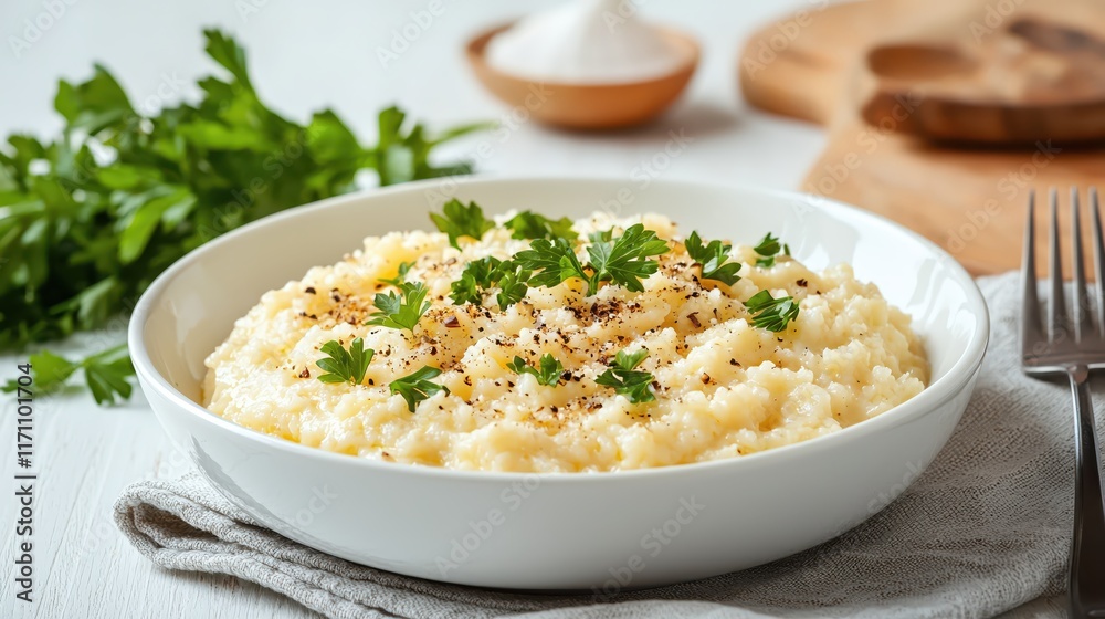 Creamy Mashed Potatoes with Fresh Parsley and Black Pepper on Wooden Table Setting Creamy Mashed Potatoes with Fresh Parsley and Black Pepper on Wooden Table Setting