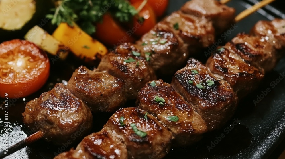 A close-up of perfectly grilled pork skewers, glistening with marinade and placed on a black plate with grilled vegetables and herbs as garnish. A close-up of perfectly grilled pork skewers, glistening with marinade and placed on a black plate with grilled vegetables and herbs as garnish.