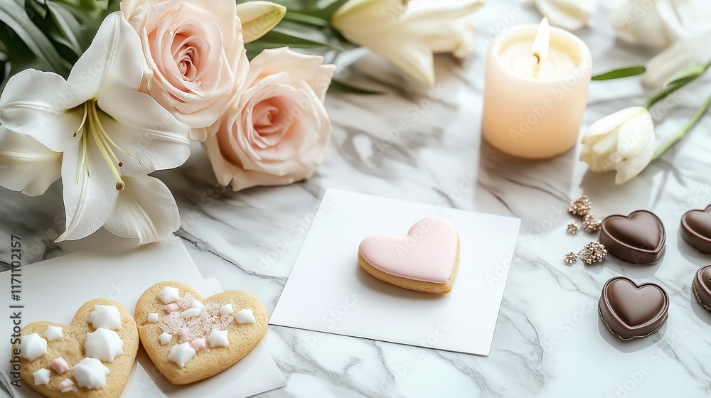 A minimalistic Valentine's Day setup featuring DIY handmade cards, heart-shaped cookies, candles, flowers, and chocolates on a marble table A minimalistic Valentine's Day setup featuring DIY handmade cards, heart-shaped cookies, candles, flowers, and chocolates on a marble table