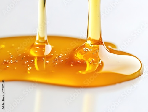Golden honey drips gracefully, creating shimmering puddle on smo photo
