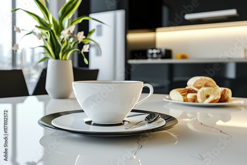 Wallpaper Mural Elegant Dining Table Setting with White Cup, Saucer, Pastries, and Modern Kitchen Background Torontodigital.ca