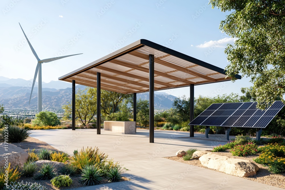 Modern Sustainable Pavilion with Solar Panels and Wind Turbine in Scenic Outdoor Landscape Modern Sustainable Pavilion with Solar Panels and Wind Turbine in Scenic Outdoor Landscape