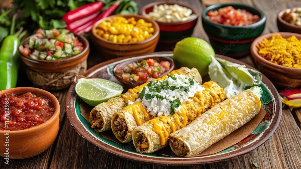 Fototapeta premium Colorful Mexican Cuisine Featuring Enchiladas and Accompaniments on Rustic Wooden Table