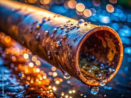 Rusted Metal Pipe with Dripping Water - Weathered Texture Close-up Stock Photo