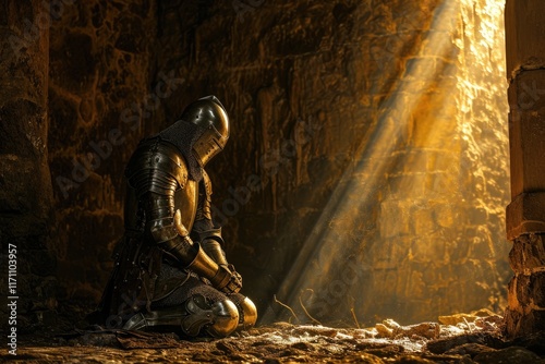Chivalrous Knight: Reverent Kneeling Before the Illuminated Holy Grail in the Middle Ages