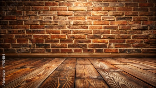 Rustic Bush Brick Wall & Wooden Floor Background - Architectural Texture Stock Photo