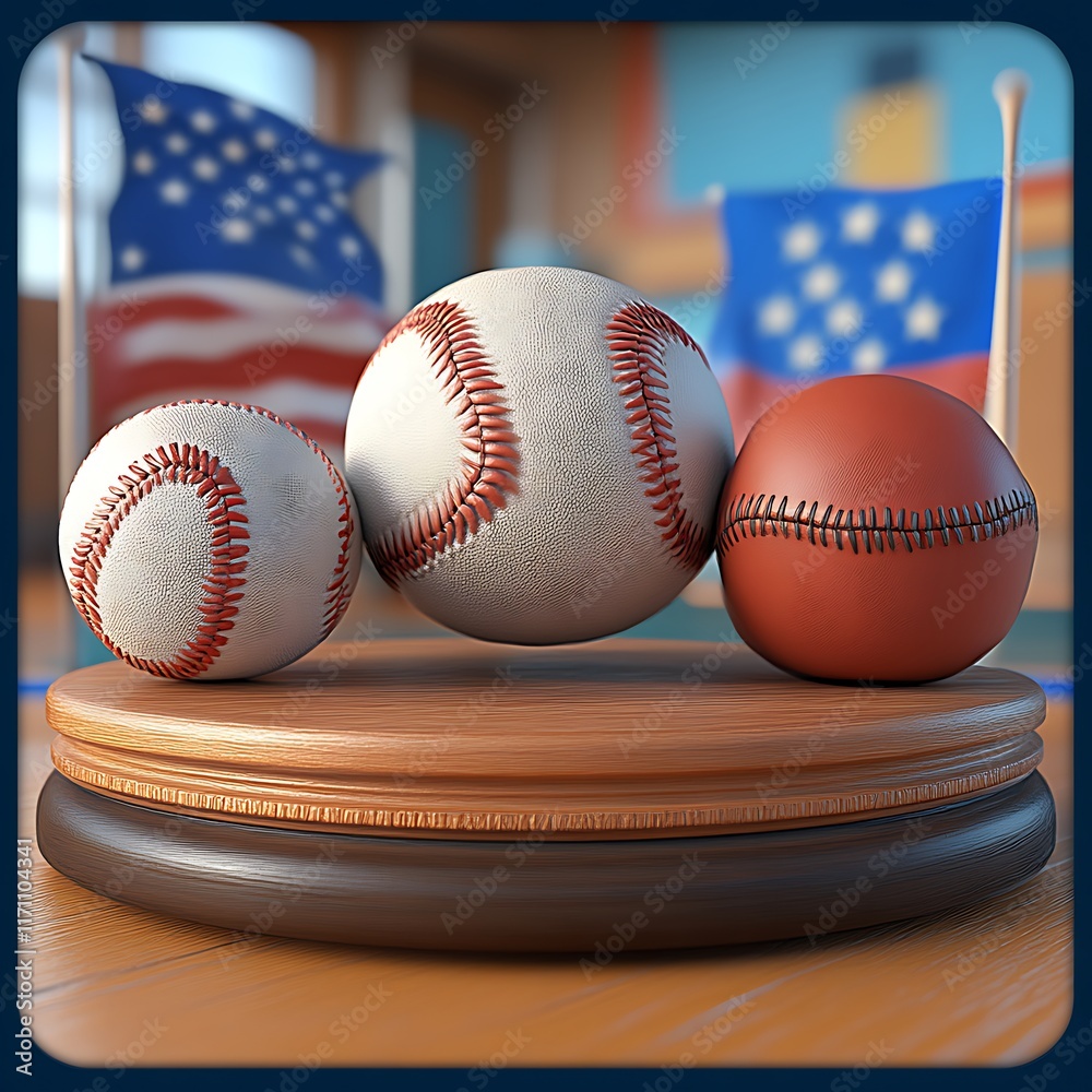 Three Baseballs Resting on Wooden Display Base