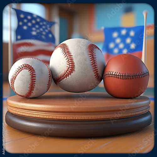 Obraz na płótnie Three Baseballs Resting on Wooden Display Base w salonie