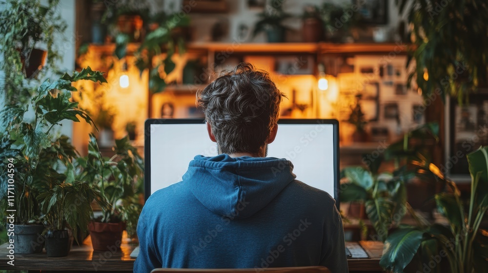 Fototapeta premium Working in a Shared Workspace A Man Typing at a Desktop Surrounded by Plants