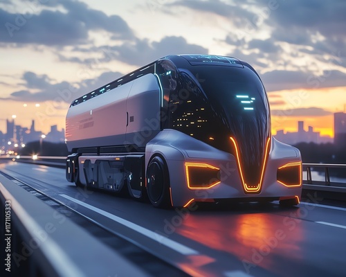 Selfdriving futuristic truck on a bridge over a river, cargo transportation powered by artificial intelligence, hightech innovation, 4K resolution, cinematic lighting photo