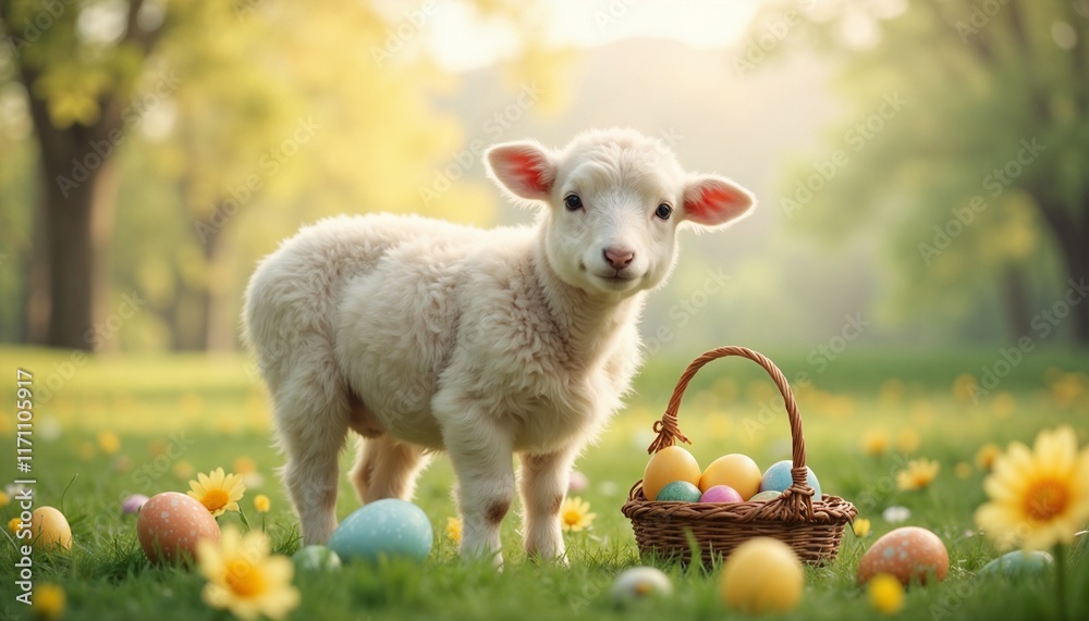 Fototapeta premium Adorable lamb standing beside a basket of colorful Easter eggs in a sunny meadow