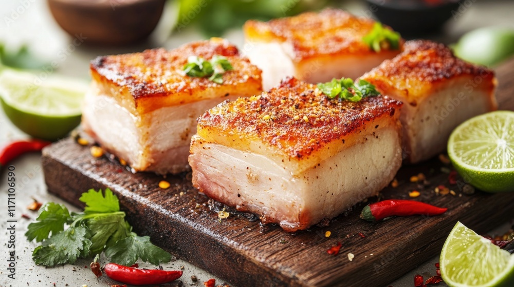 A close-up view of perfectly fried pork belly, showcasing its crispy skin and juicy meat, served on a rustic wooden board with lime wedges and chili slices. A close-up view of perfectly fried pork belly, showcasing its crispy skin and juicy meat, served on a rustic wooden board with lime wedges and chili slices.