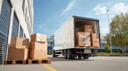 Truck delivery and moving box. Truck unloading boxes at a warehouse with pallets outside in a bright, sunny environment.