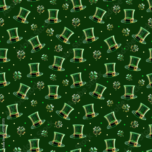 St. Patrick's Day seamless pattern with green hats and clovers