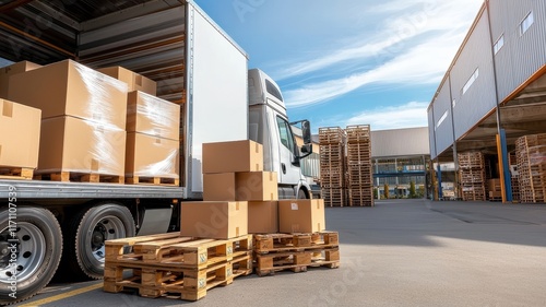 Truck delivery and moving box. Warehouse loading area with stacked boxes and pallets near a delivery truck under a clear sky.