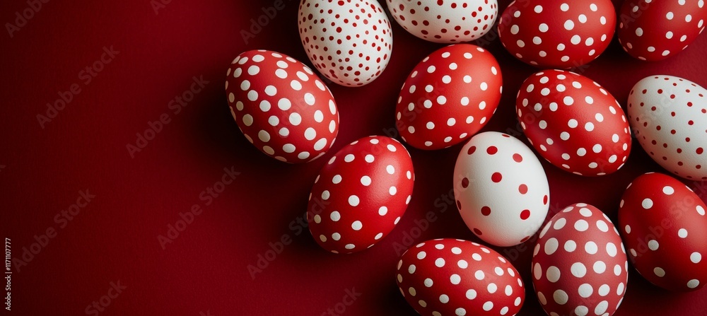 Festive Red Easter Eggs With White Polka Dots on Matching Background, Copy Space for Greetings Festive Red Easter Eggs With White Polka Dots on Matching Background, Copy Space for Greetings