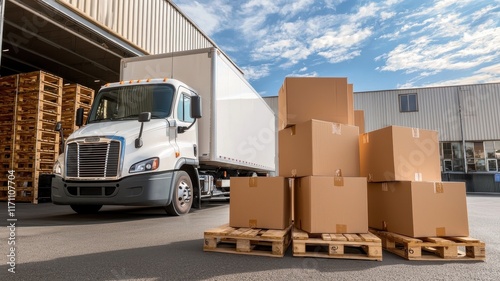 Truck delivery and moving box. Truck unloading boxes at a warehouse, showcasing logistics and transportation operations.