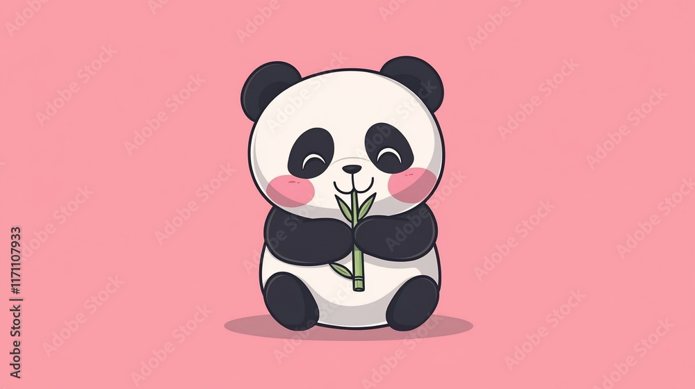 Fototapeta premium Cute cartoon panda eating bamboo.