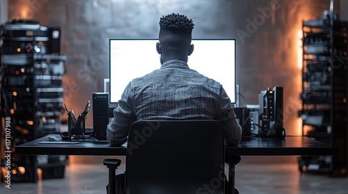 Working Man at Sleek Black Desk in Quiet Office Technology Environment Focused Viewpoint on Productivity
