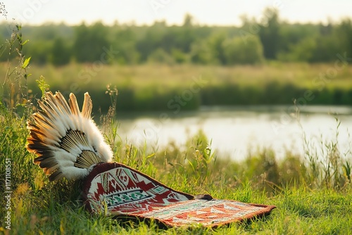 Colorful traditional rug lies on grass near serene water, adorne photo