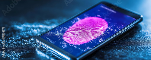 Fingerprint scan on phone screen, water droplets background, security concept