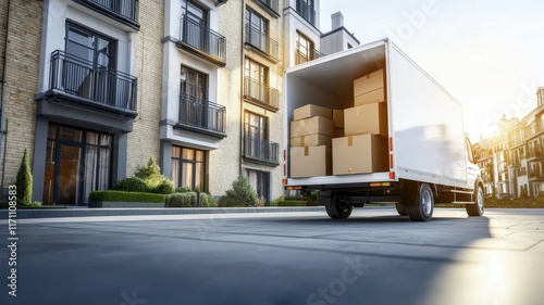 Truck delivery and moving box. Delivery truck parked in front of modern apartments, ready for unloading packages.