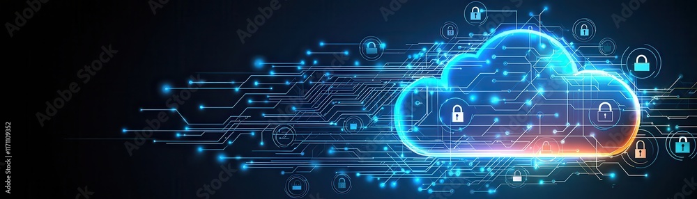 A visually striking illustration of a cloud symbol surrounded by digital circuitry, representing cloud computing and data security.